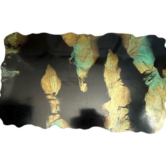 Acrylic Pour Art Resin Black Teal Gold Tray Irregular Edges - Picture 6 of 10